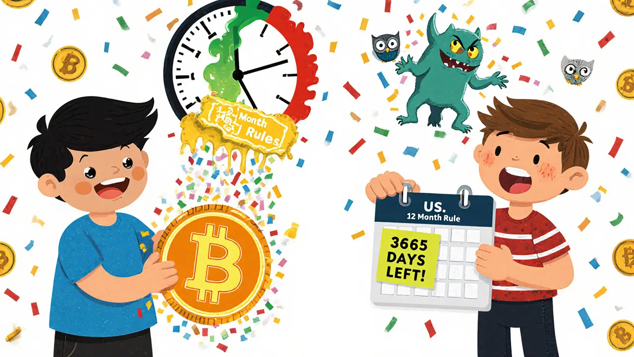 A boy in Germany holding Bitcoin for over a year as a tax monster melts away, while a friend in the U.S. checks a calendar.