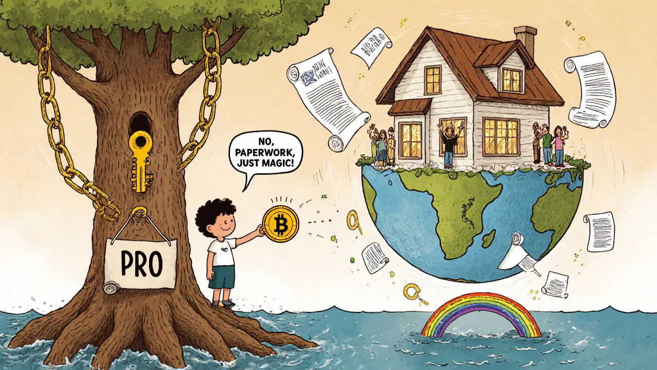A child gives a token-shaped house key to a tree, making a house float across an ocean with 12 lit countries.
