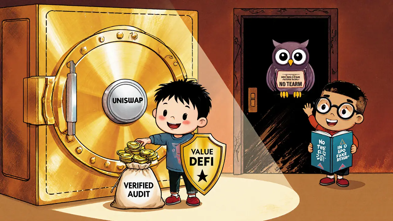 A child safely deposits crypto into Uniswap while a dark door labeled &#039;Value DeFi&#039; looms behind.