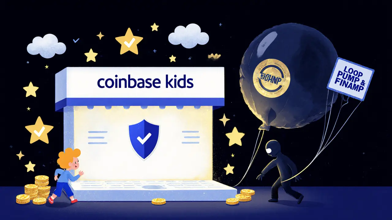 A child trading safely on a friendly exchange while a deflating scam balloon drifts away in dark clouds.