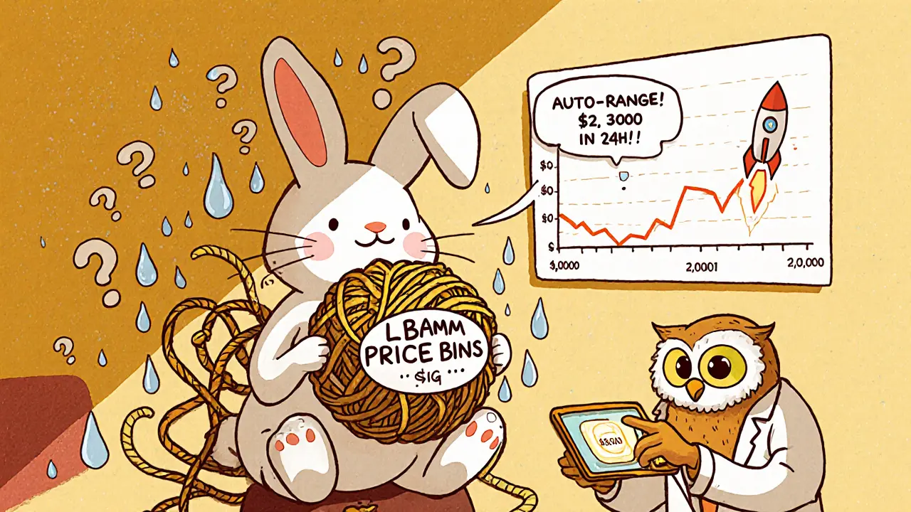 A confused bunny stares at tangled price bins while a wise owl points to a glowing &#039;Auto-Range&#039; button on a pancake-shaped tablet.