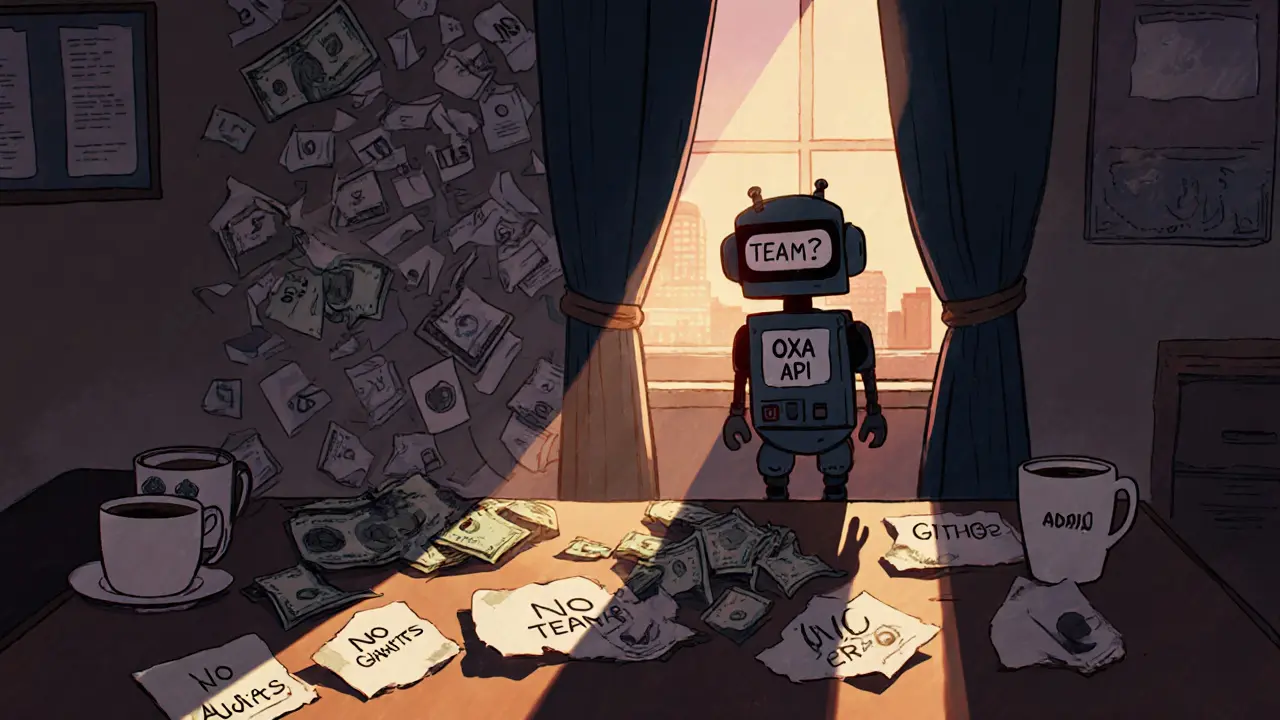 A hidden figure hides behind a curtain while a broken OXA robot lies ruined on a messy desk.