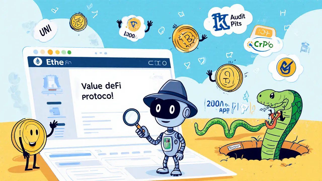 A robot detective finds no trace of &#039;Value DeFi Protocol&#039; on Etherscan as scam tokens flee.