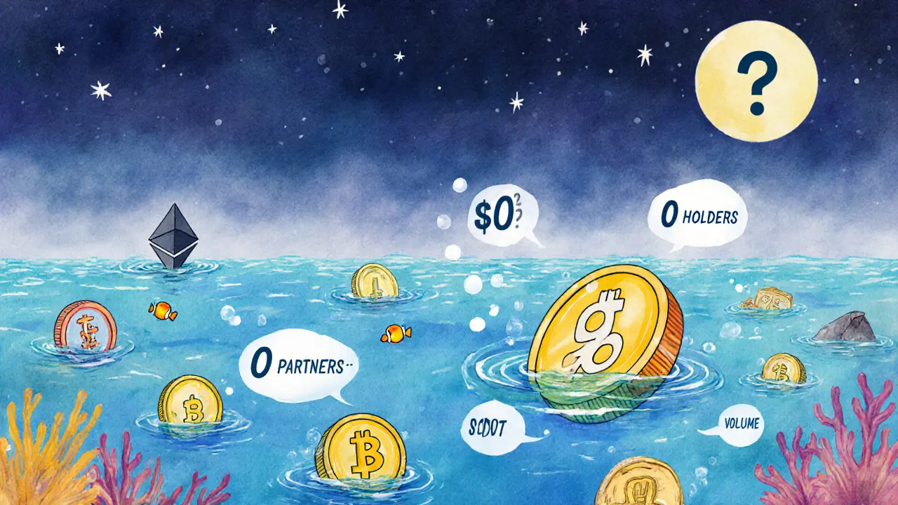 A tiny OXA token sinks in an ocean of other crypto coins, surrounded by bubbles marking its lack of adoption.