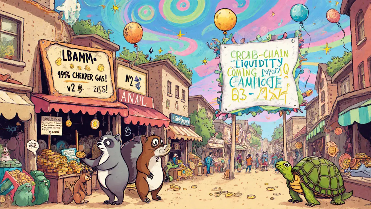 Animals trade meme coins at a colorful marketplace with a sign saying &#039;LBAMM - 99% Cheaper Gas!&#039; and a rocket soaring in the sky.