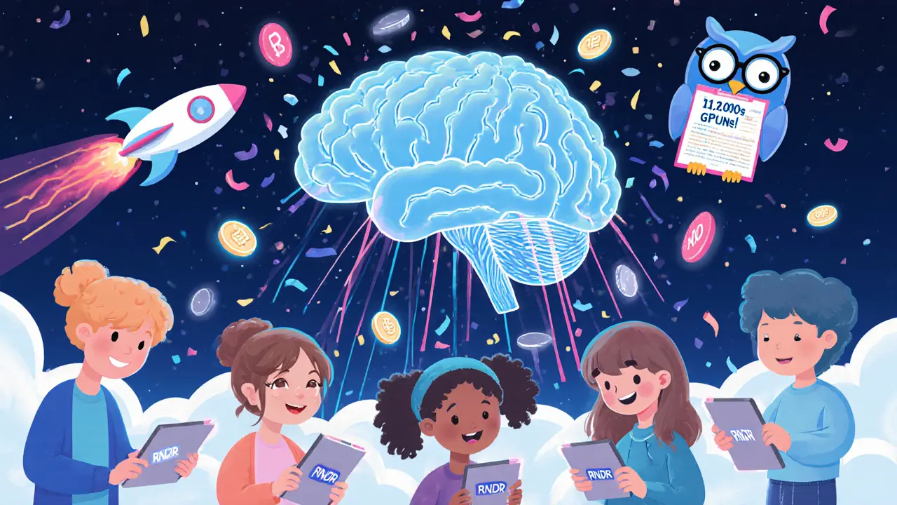 Children rent GPU cards that send light to a giant AI brain, with RNDR and IO tokens falling like confetti.