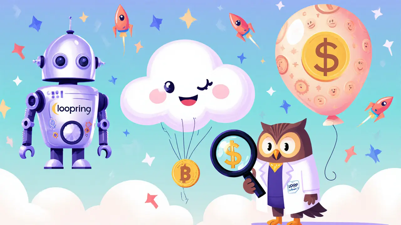 Three cartoon crypto projects in the sky: one real, one questionable, one deflating balloon with misleading rockets.