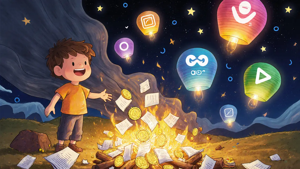 A child burns worthless LACE tokens as colorful metaverse platforms rise like lanterns.