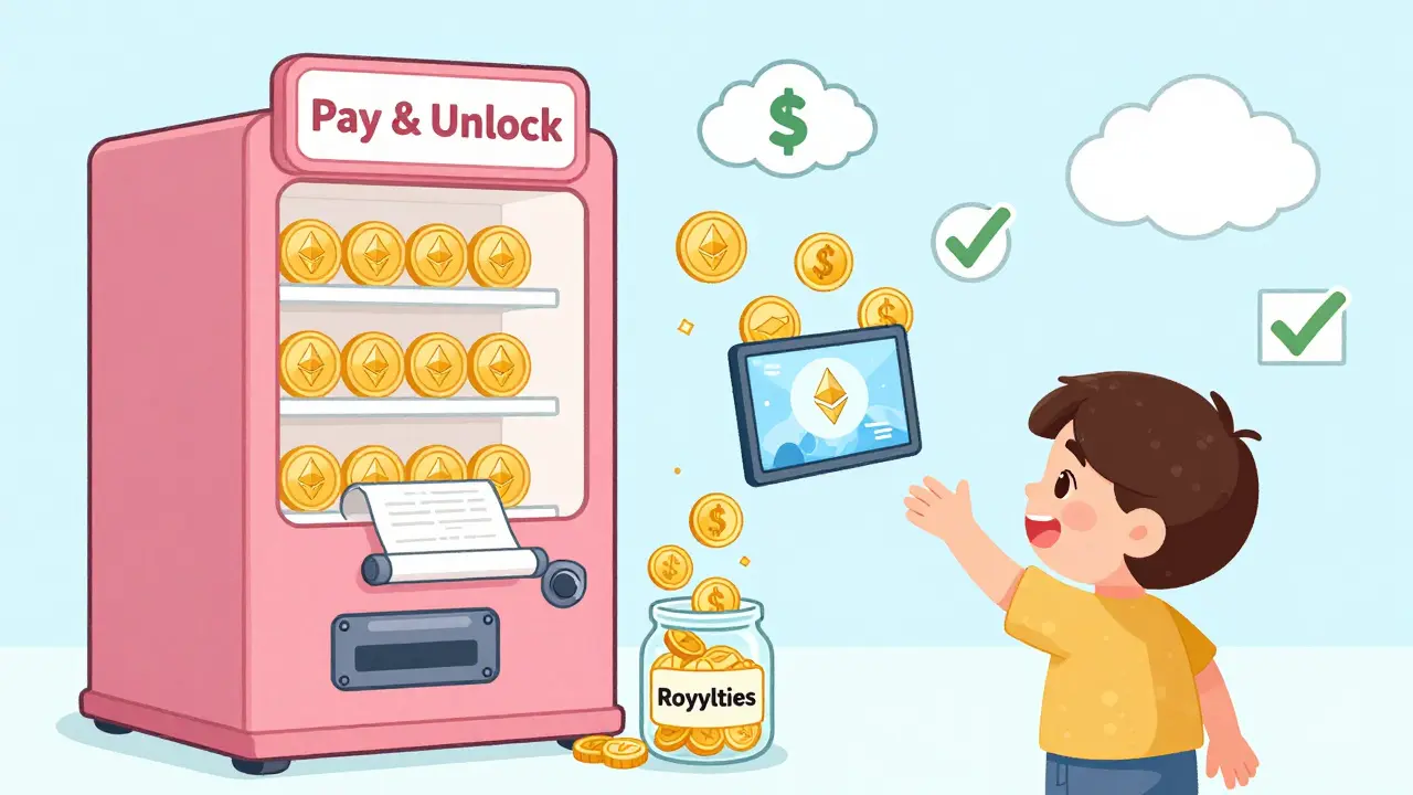 A child receives a video from a magical vending machine as crypto coins fall into a royalty jar.