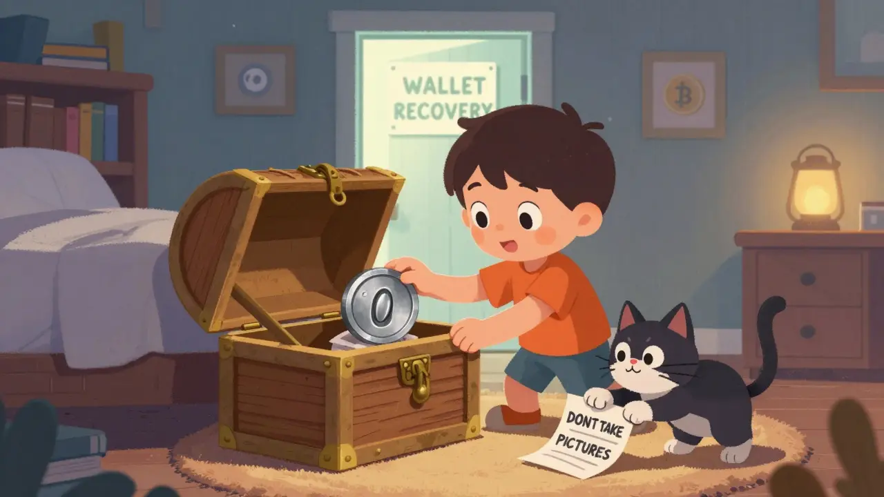 A child stores a seed phrase in a treasure chest as a cat tries to reach a risky paper note nearby.