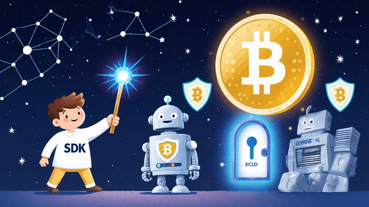 A developer uses a magic SDK wand to turn computers into shielded robot nodes, with a key-shaped ECLD token unlocking an AI door.