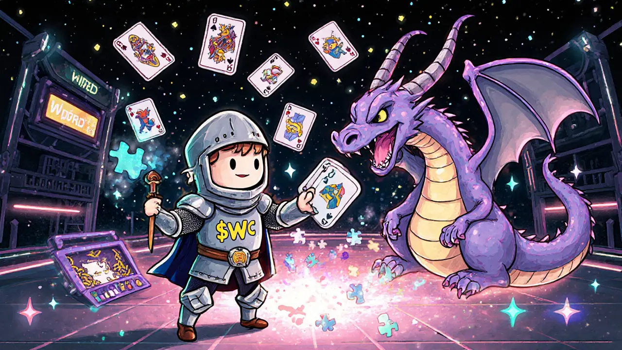 A knight battling a card-shaped dragon in a glowing digital arena.
