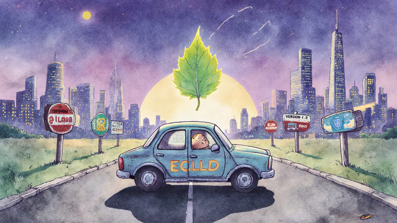 A lonely toy car labeled ECLD sits abandoned on a road, while glowing signs of other crypto projects shine brightly in the distance.