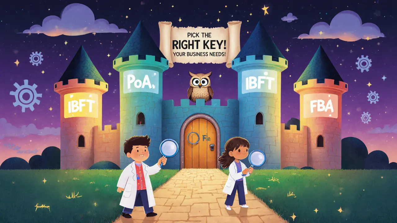 A magical castle with four colored towers representing different consensus types.