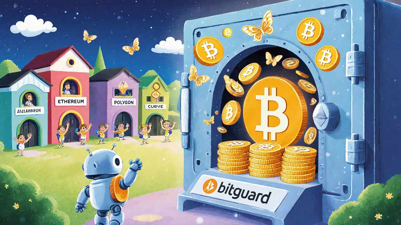 A robot guards a Bitcoin vault as golden tokens fly out like butterflies to different blockchain lands.