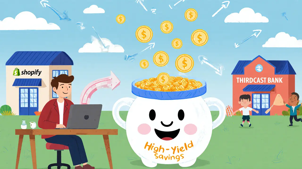 A small business owner watches coins flow into a glowing savings jar labeled &#039;High-Yield Savings&#039;, supported by friendly fintech buildings.