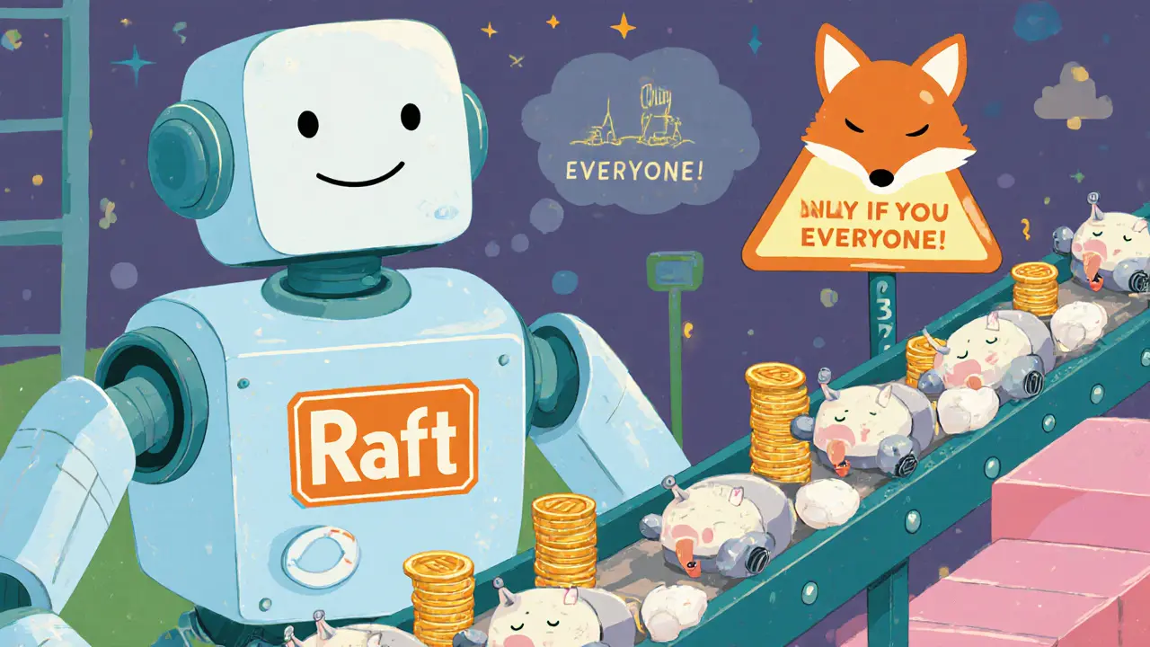 A smiling robot leading worker-bots along a fast conveyor of transaction coins.