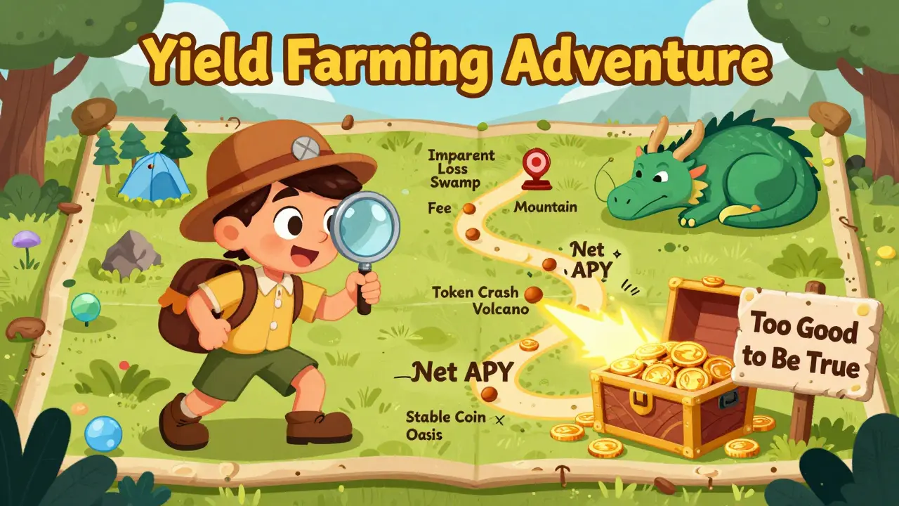 A treasure map showing yield farming risks and rewards, with a brave explorer choosing the safe path to stable earnings.