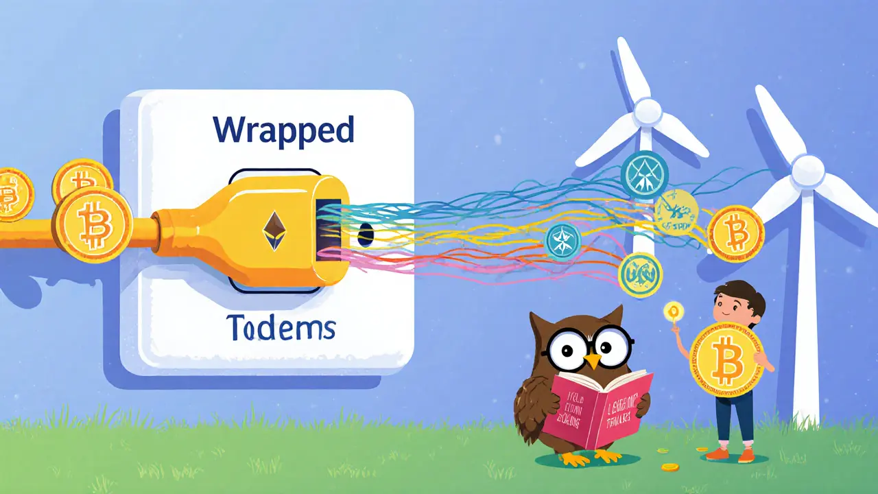 A universal adapter plug turns crypto coins into streams of digital money powering DeFi windmills.