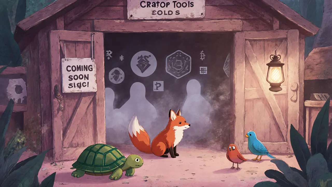 Animals gather around a closed workshop with a &#039;Coming Soon Since 2021&#039; sign.