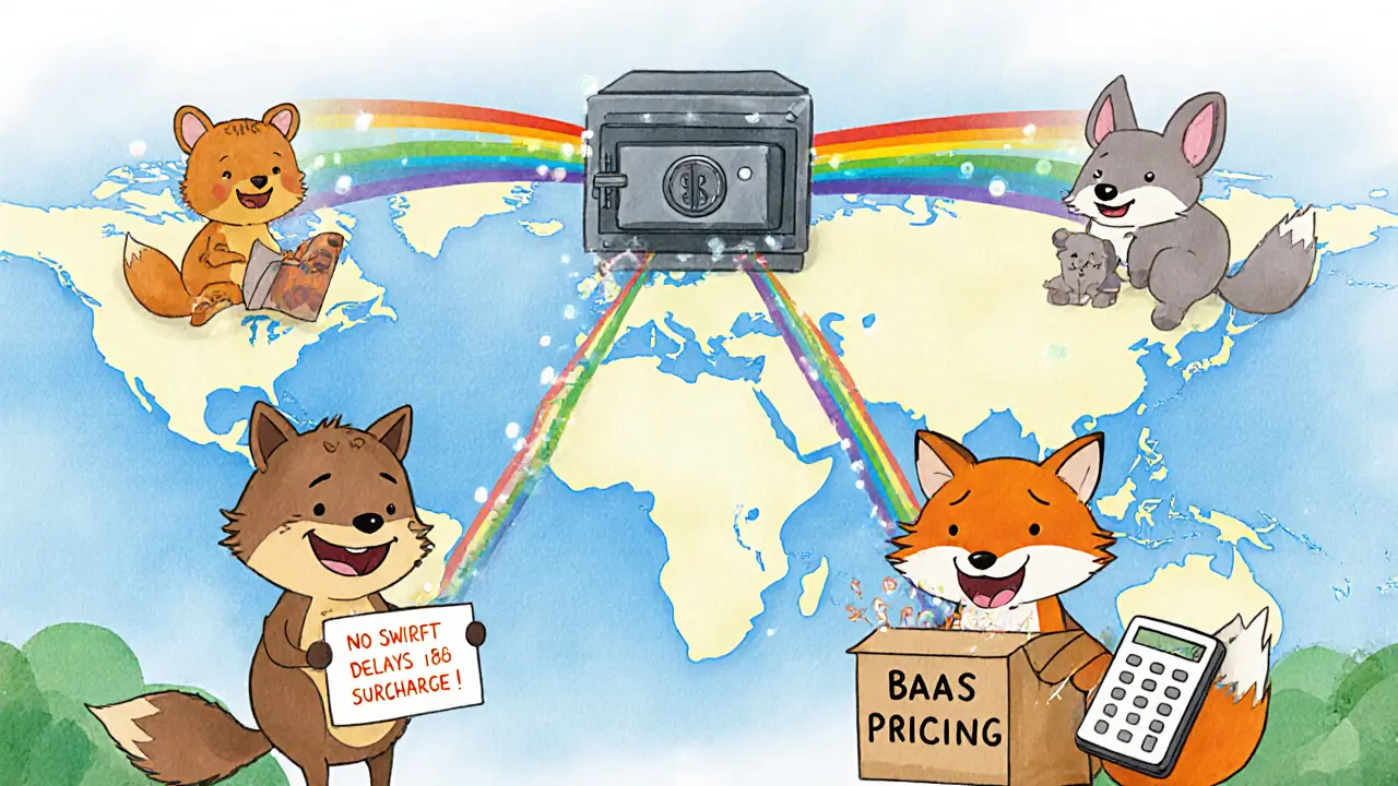 Cartoon animals send payments across a map via rainbow bridges to a bank vault hub, while hidden fees escape from a cracked box labeled &#039;BaaS Pricing&#039;.