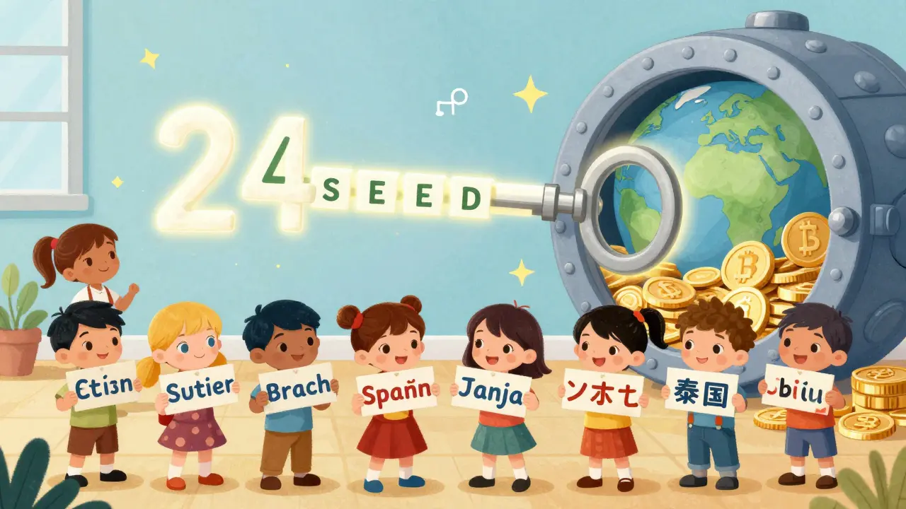 Children from different countries hold word cards that form a glowing key unlocking a crypto vault.