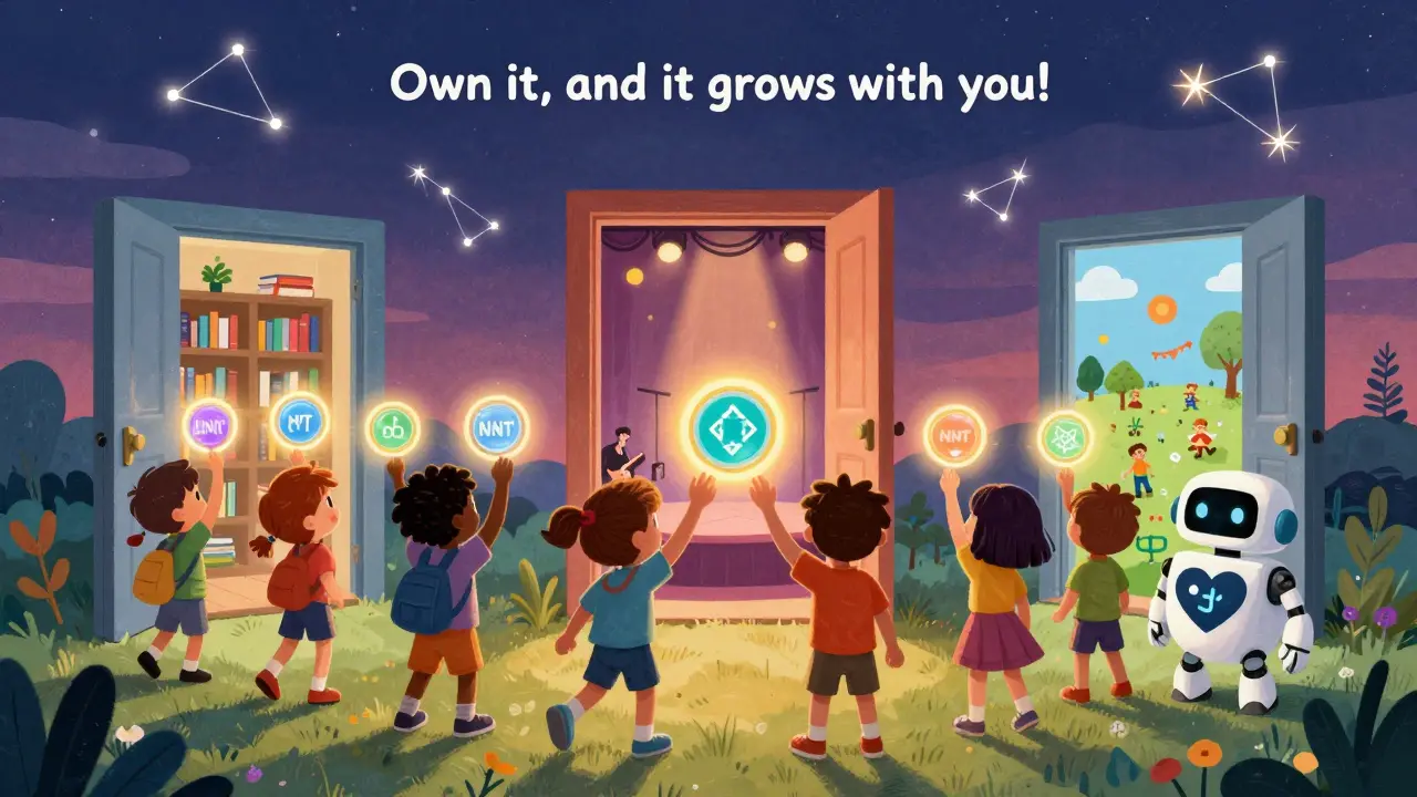 Kids unlock magical worlds with glowing NFT badges, guided by a friendly robot with a blockchain heart.