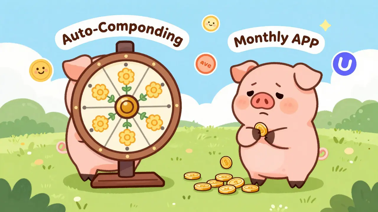 Two cartoon pigs: one enjoying auto-compounding rewards, the other struggling to collect monthly coins manually.