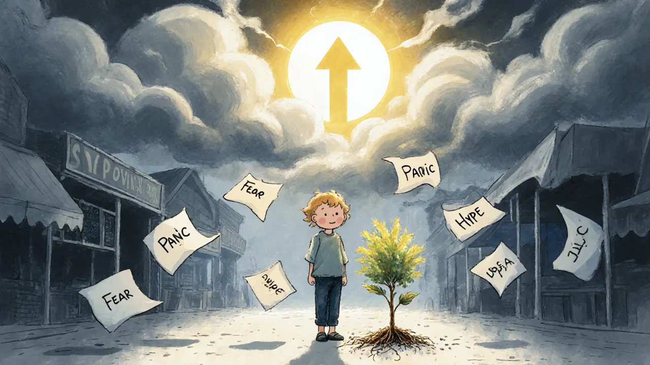 A calm child plants a tree labeled &#039;DCA&#039; amid a storm of market panic, with sunlight breaking through.