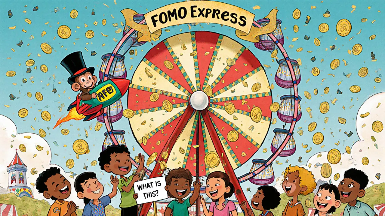 A carnival ride filled with excited people throwing coins, while a monkey rides a rocket labeled &#039;NFT&#039;.