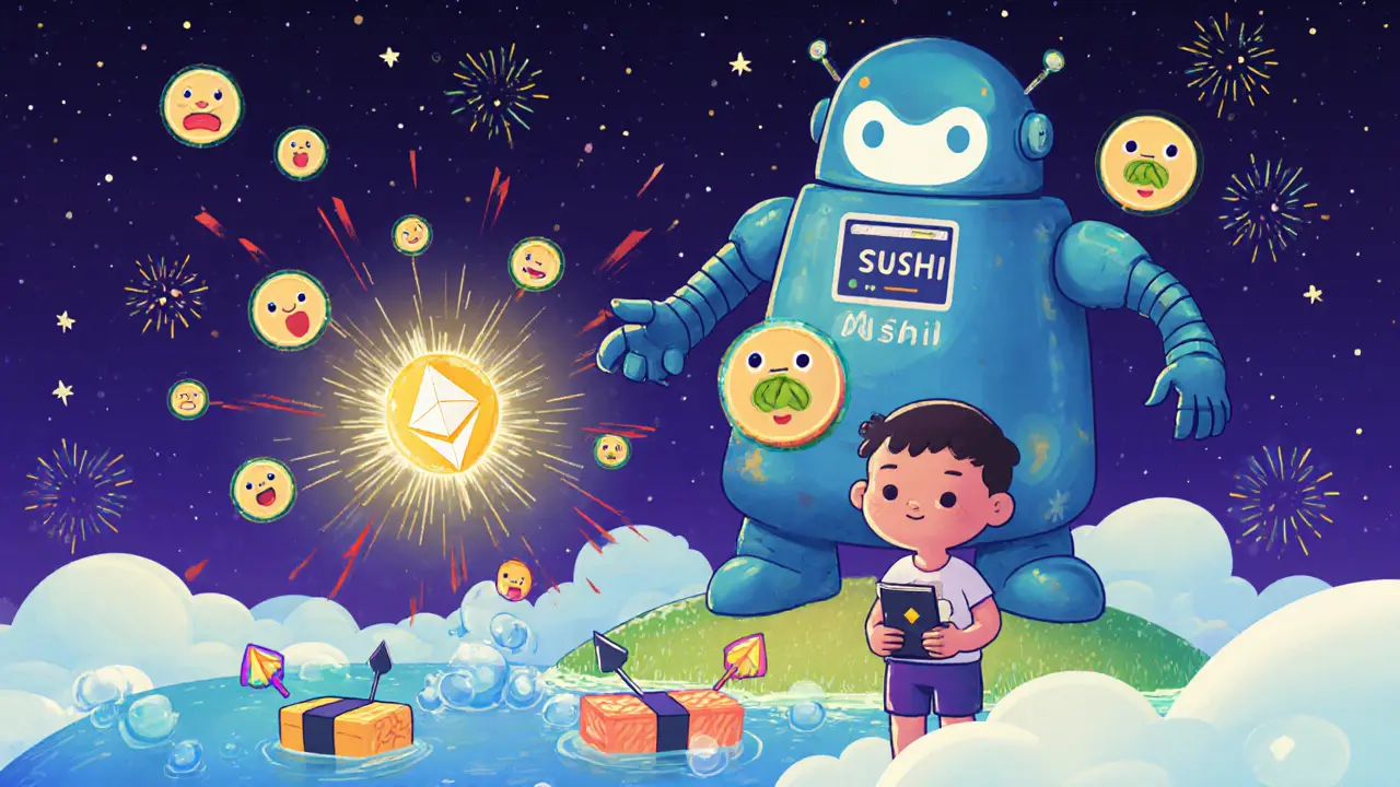 A child connects a glowing wallet to a robot made of sushi ingredients, while SUSHI tokens float toward a blockchain sky.