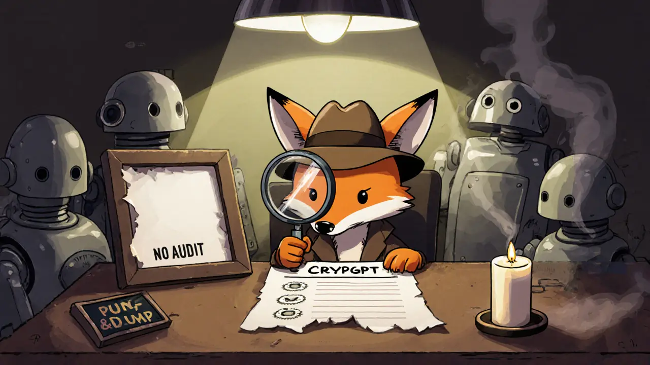 A detective fox examines blank AI tool papers surrounded by empty robots and a torn whitepaper.