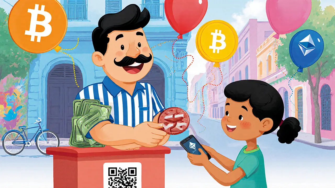 A friendly broker in Havana gives cash to a child in exchange for a crypto payment.
