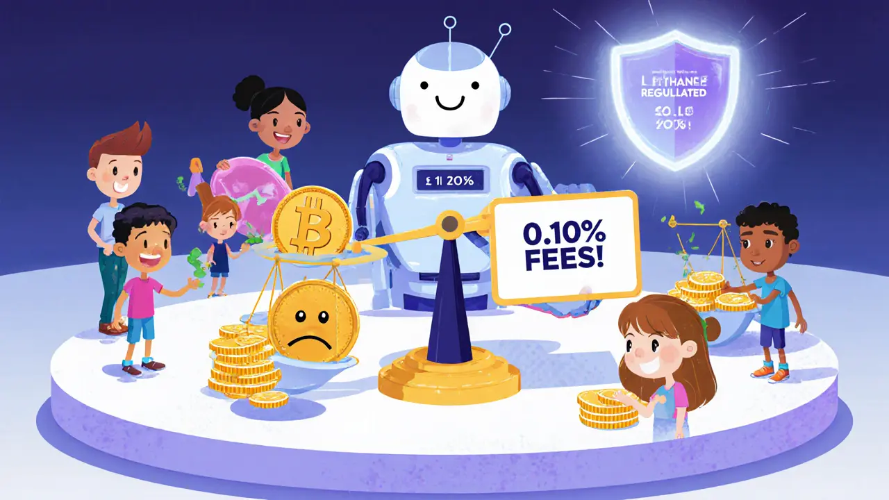 A friendly robot shows low trading fees while kids trade tokens at a colorful desk, with a shield labeled &#039;Lithuania Regulated&#039; glowing nearby.