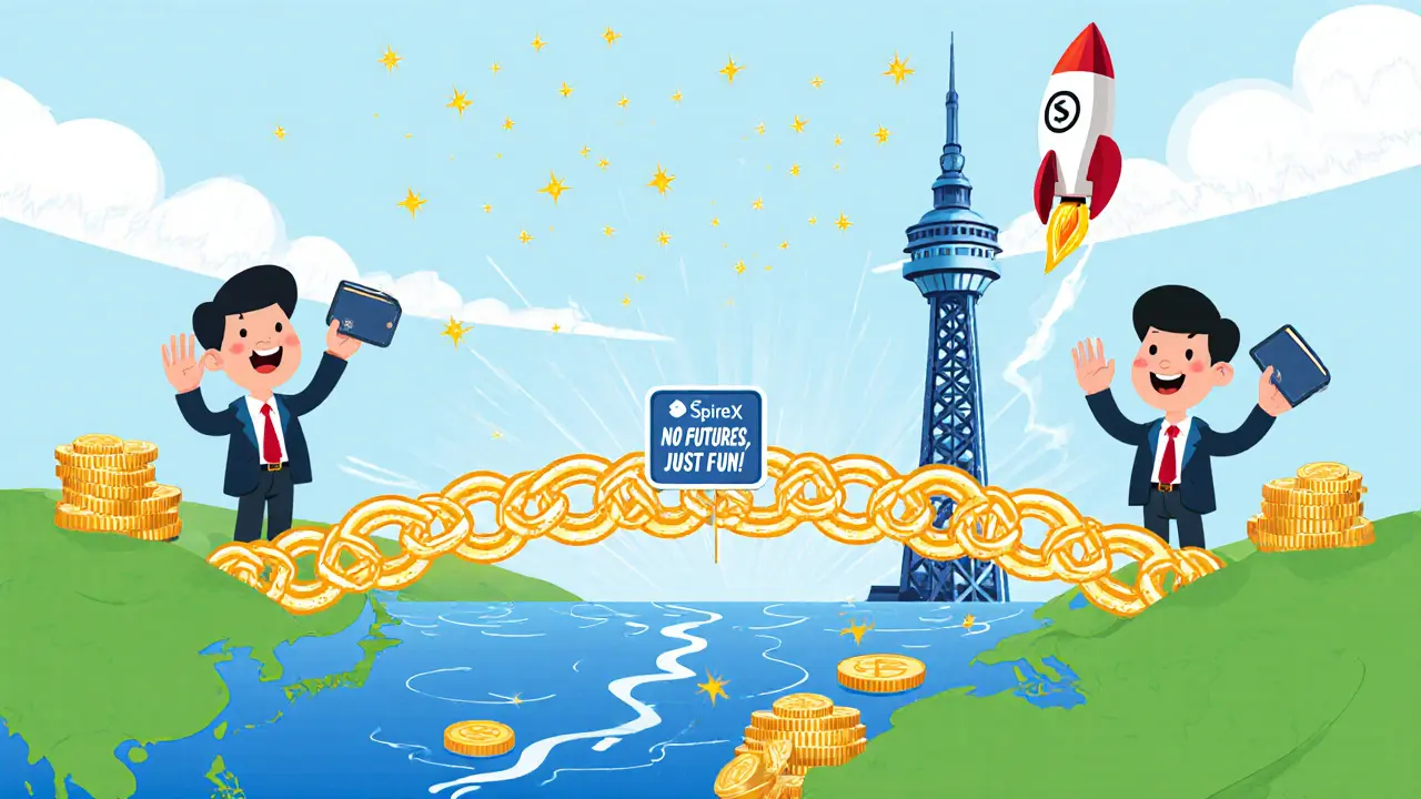 A glowing blockchain bridge connects two continents as traders exchange coins, with a sparkling SpireX tower and a rocket labeled &#039;Staking 2026&#039; soaring above.