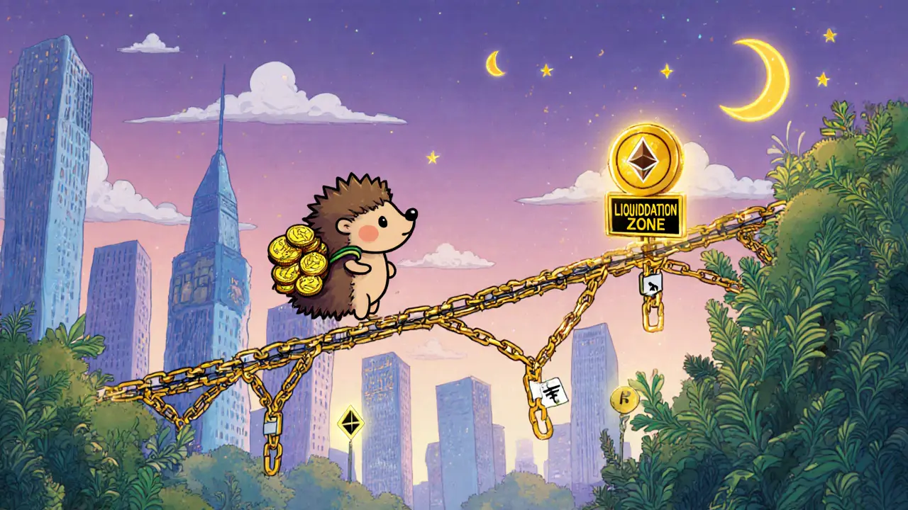 A hedgehog riding a chain bridge between crypto cities, guarded by glowing Chainlink oracles.