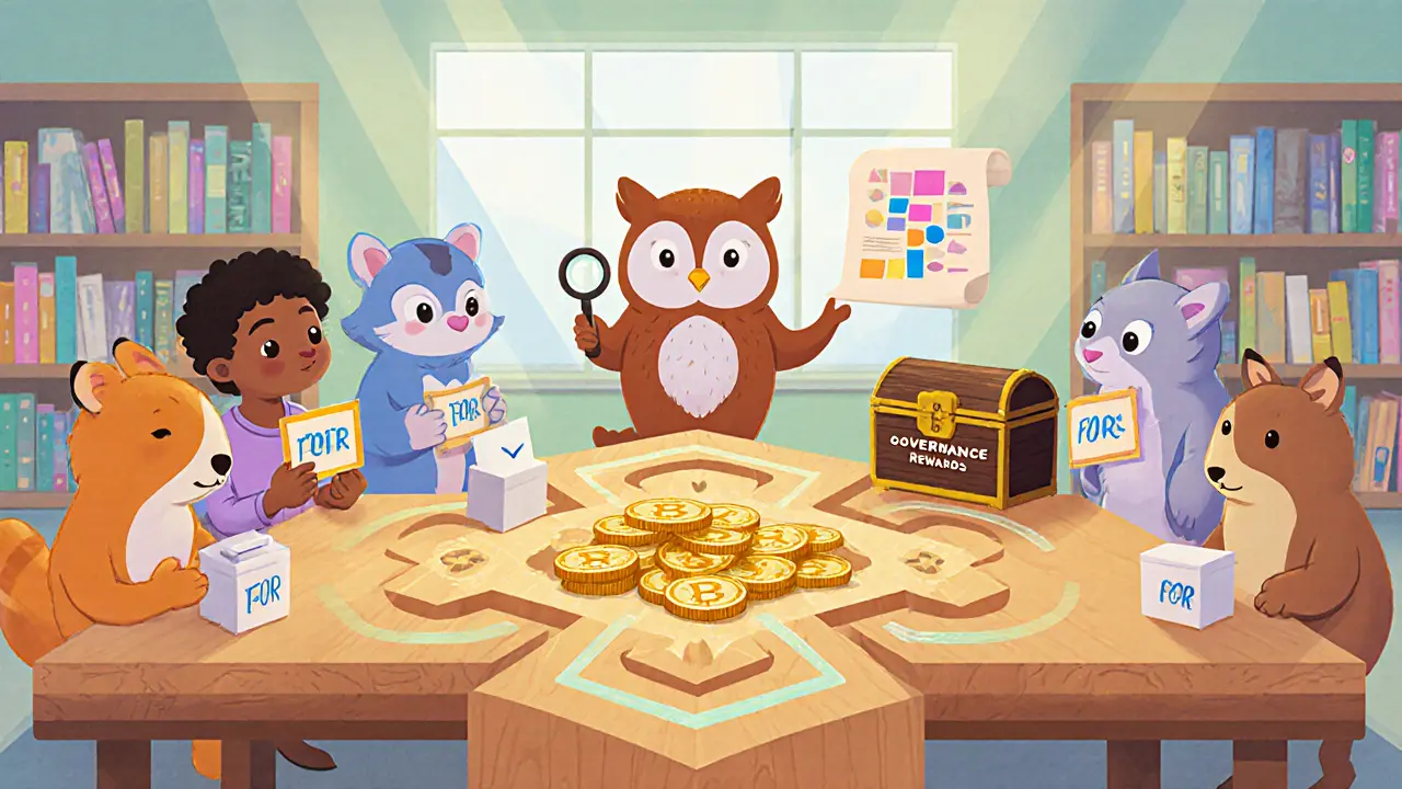 Animal friends voting and staking FOR tokens at a blockchain-shaped table in a cozy library.