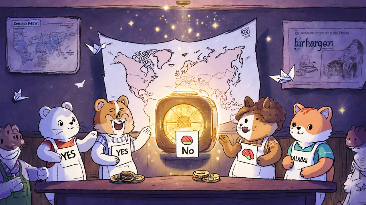 Animals vote on sushi ballots at a magical sushi bar, with golden reward particles glowing from a vault and multi-chain maps as paper cranes.