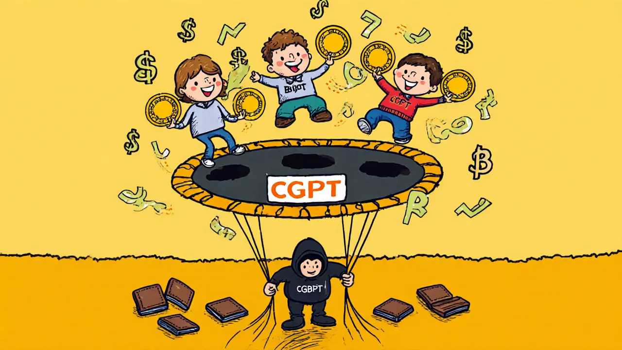 Cartoon investors bounce on a trampoline controlled by a shadowy figure, with empty wallets on the ground.