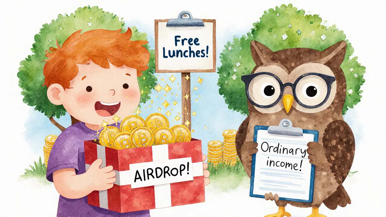 A child opens a gift box labeled &#039;Airdrop!&#039; as an owl notes &#039;Ordinary Income!&#039; in a magical blockchain world.