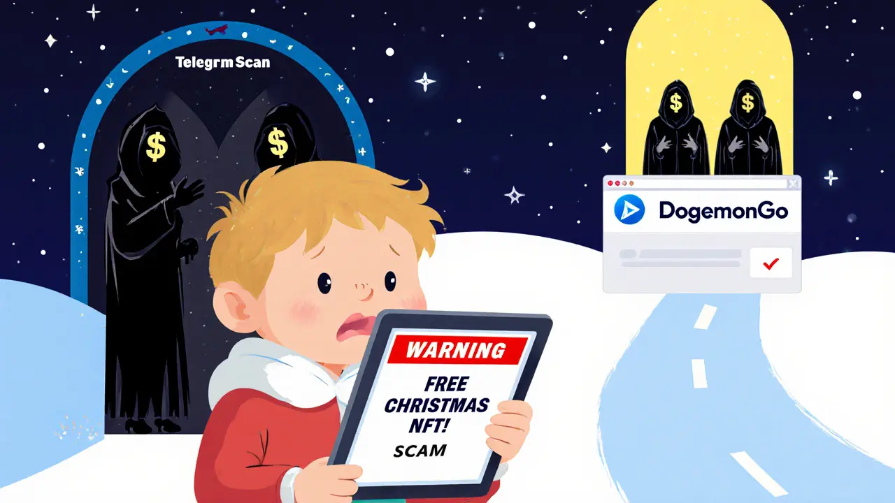 A child sees a fake NFT pop-up while shadowy scammers reach from a dark portal, with a safe path to the official website.