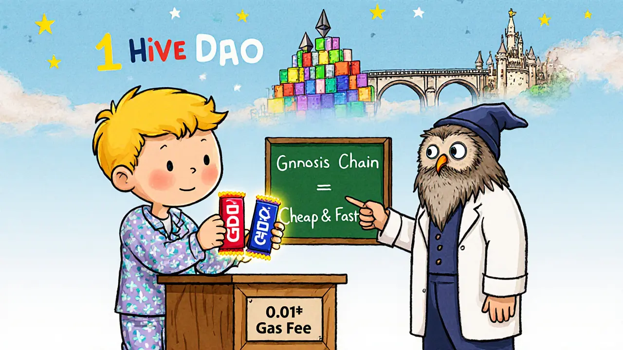 A child swaps candy bars at a tiny counter with a 0.01¢ gas fee, guided by an owl near a rainbow bridge to Ethereum.