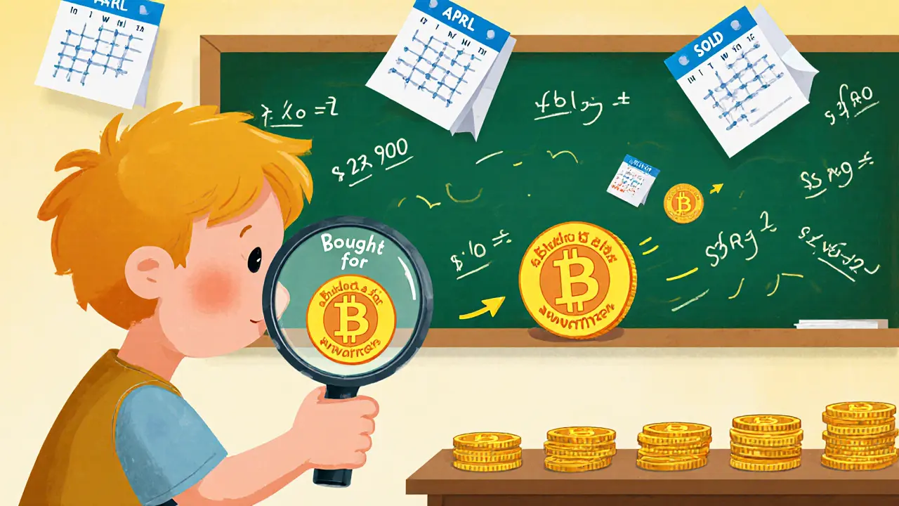 A child uses a magnifying glass to track Bitcoin prices with FIFO coins in a classroom setting.