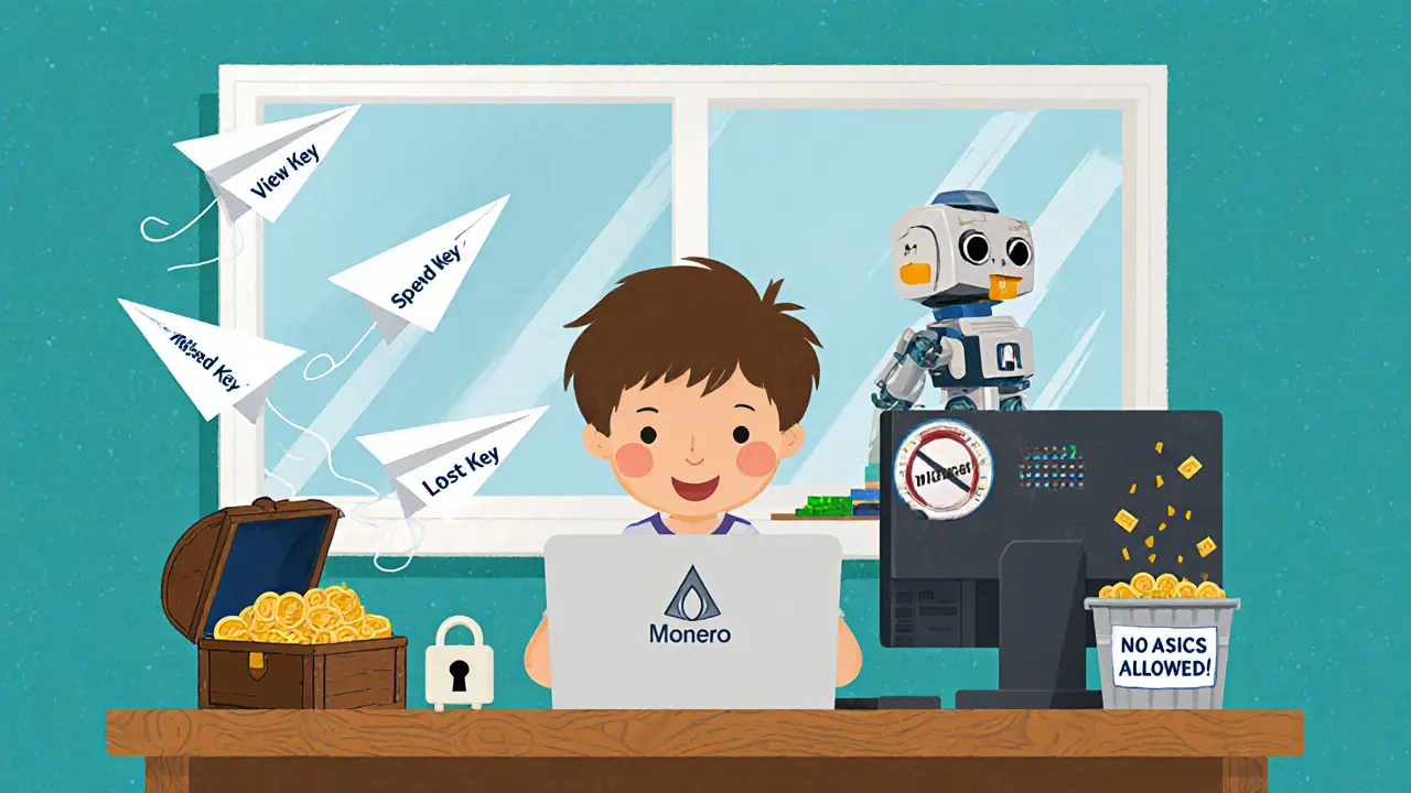 A child uses a Monero wallet on a laptop, with paper airplanes labeled &#039;View Key&#039; and &#039;Spend Key&#039; flying near a locked treasure chest.