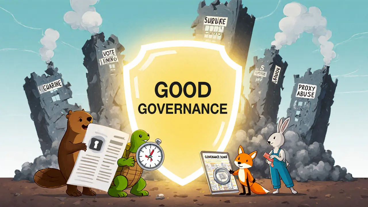 A team of animals builds a shield of good governance with timelocks and transparent votes.