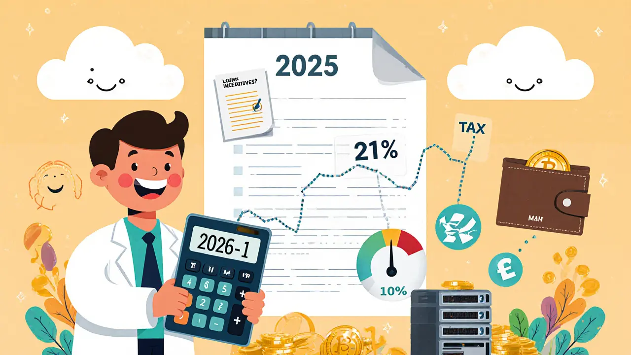 An accountant with a calculator and crypto icons, showing tax rates slowly decreasing from 15% to 5%.