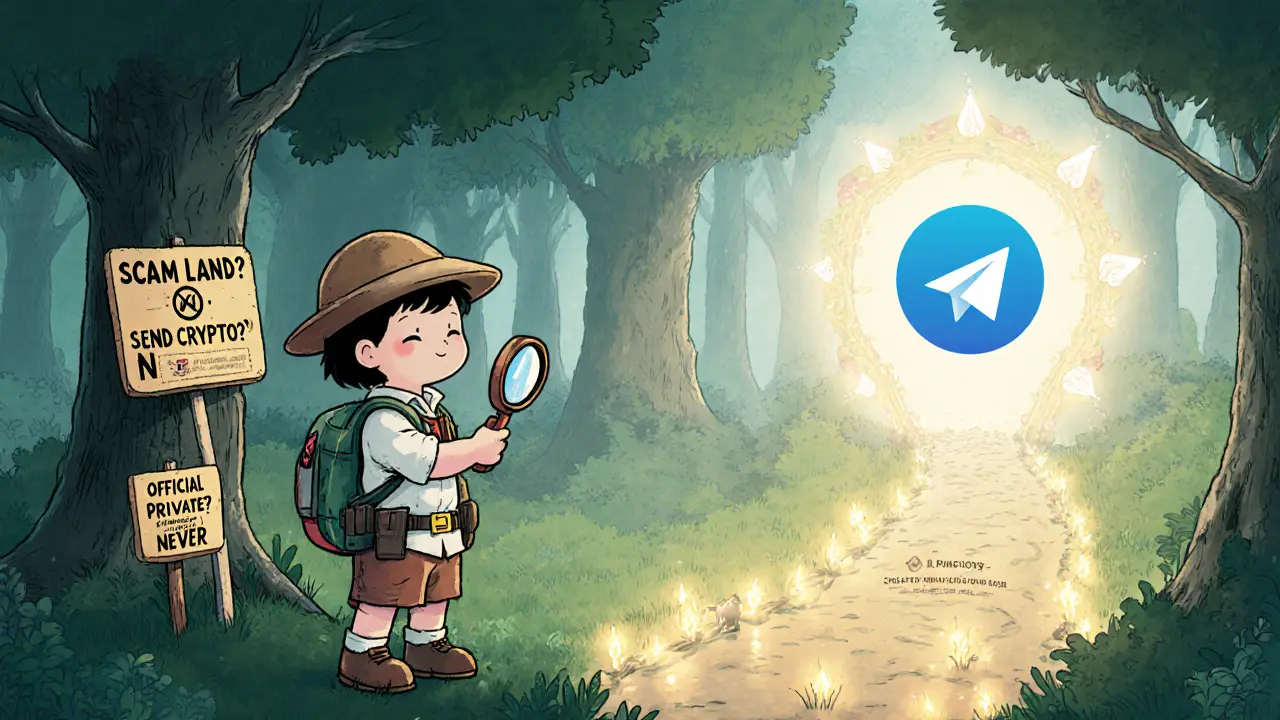 An explorer following a glowing path away from scam signs toward a safe Bunicorn portal.