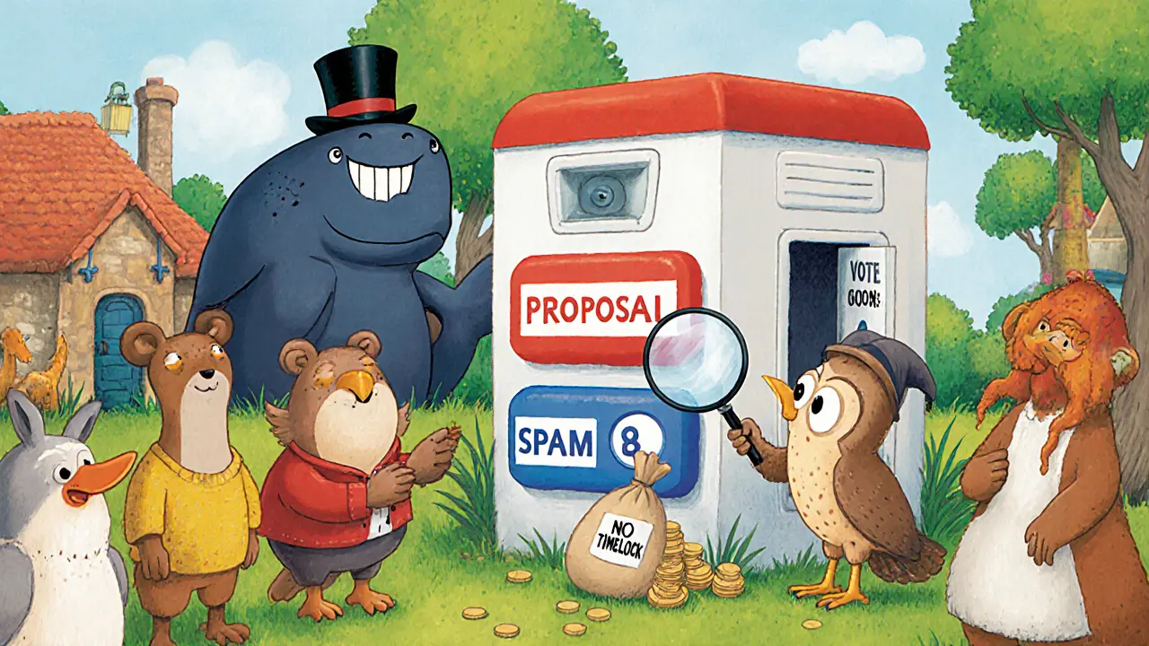 Animals struggle with a confusing voting machine as a whale watches from the shadows with a sack of tokens.