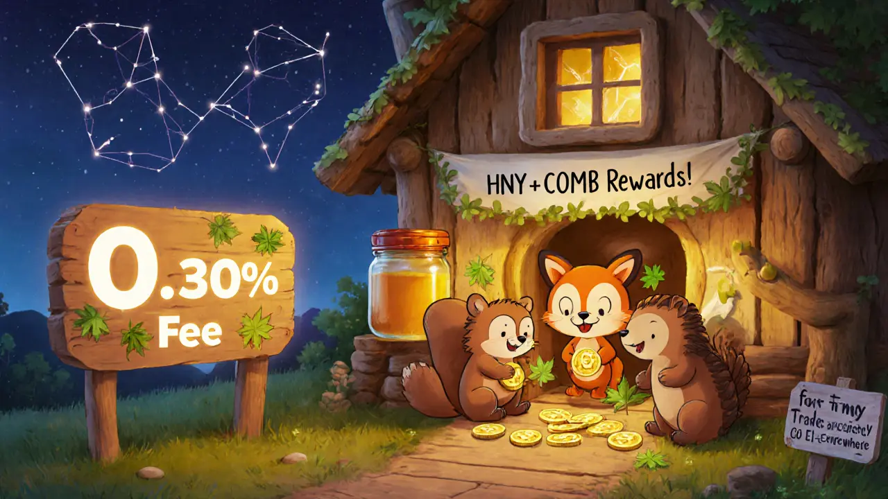Animals trade tokens in a honey-jar treehouse under a twilight sky with a glowing &#039;0.30% Fee&#039; sign.