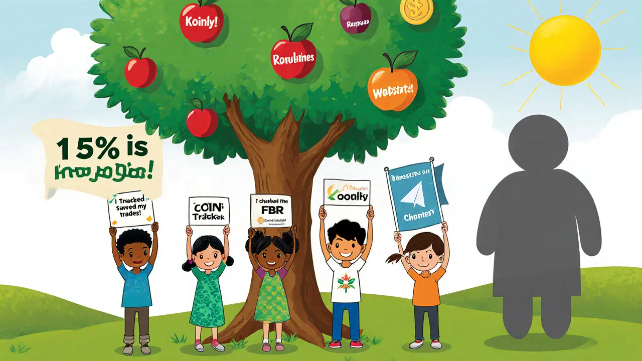 Children holding up signs about tracking crypto trades, standing under a tree of trusted tools.